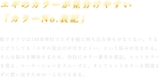 船アオリでは100本単位でエギを船に持ち込む事も少なくない。するとどうしても「エギの見分けが付きにくい」という悩みが生まれる。そんな悩みを解決するため、全色にカラー番号を表記。ヒットカラーを覚え、ローテーションをスムーズに。そしてヒットカラーを間違えずに買い足すための一工夫でもある。