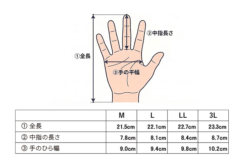Maria PROTECT GLOVE サイズ測定箇所